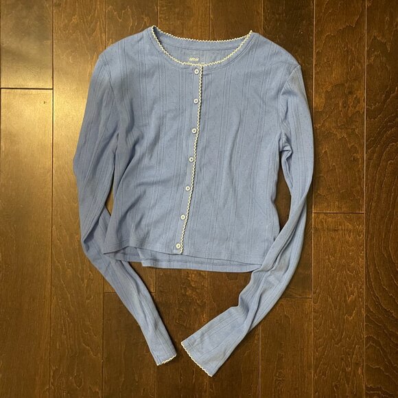 Aerie Pointelle Cardigan Blue White Trim - Picture 2 of 2